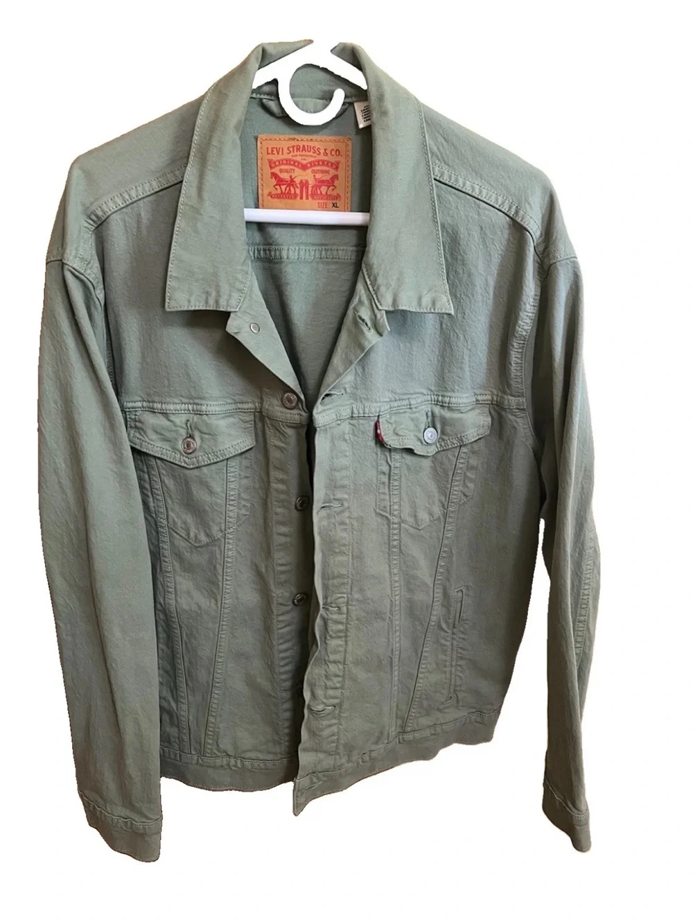 Levi’s 72334 Denim Trucker Jacket XL NWOT Hedge Green Textured Stretch Cotton